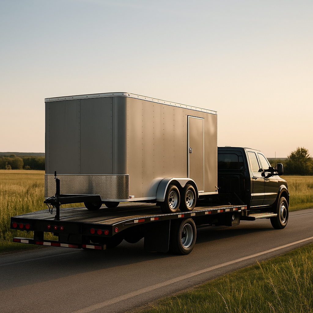 Cargo trailer being delivered on flatbed truck