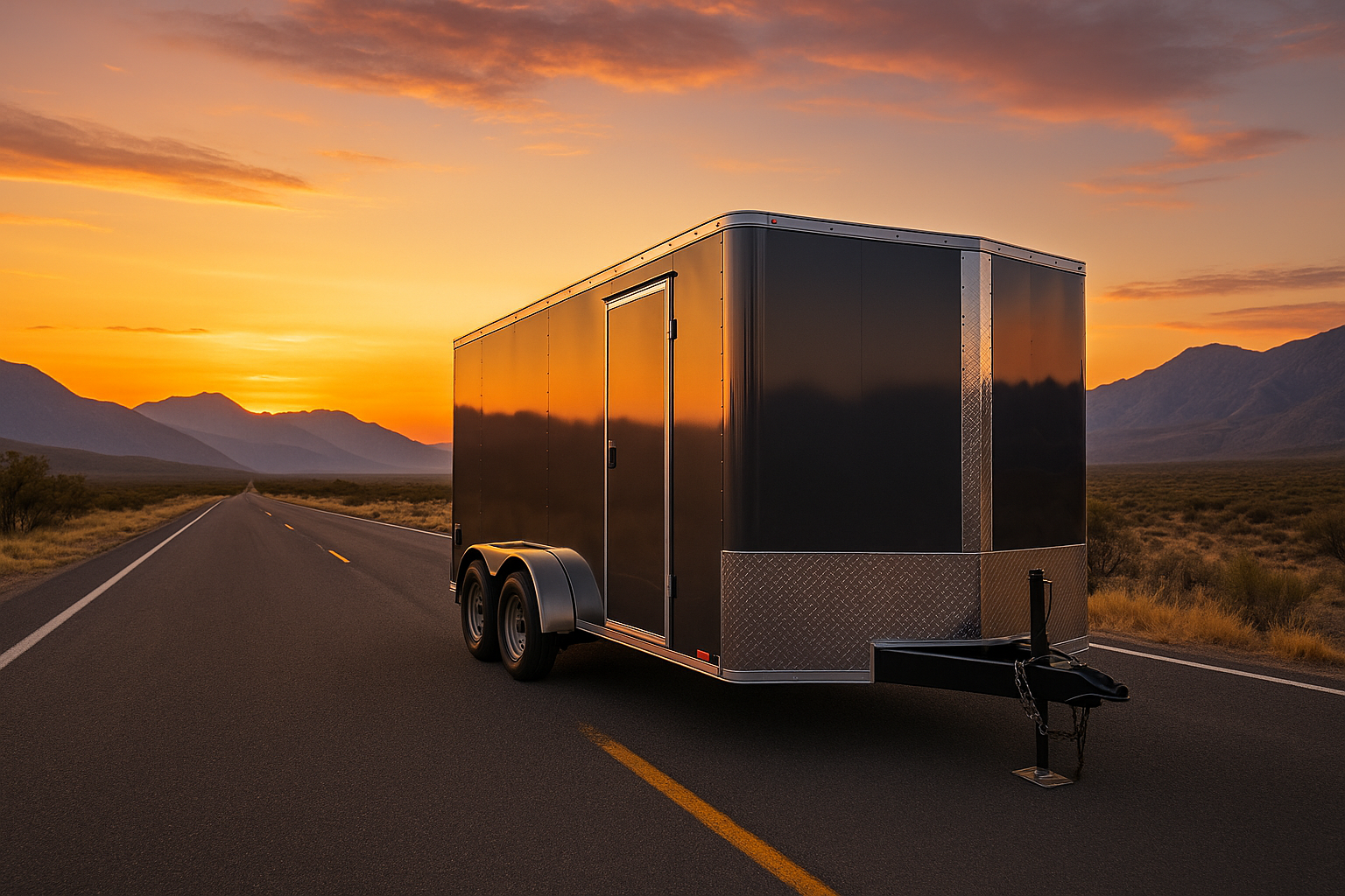Trailer on open road at sunset